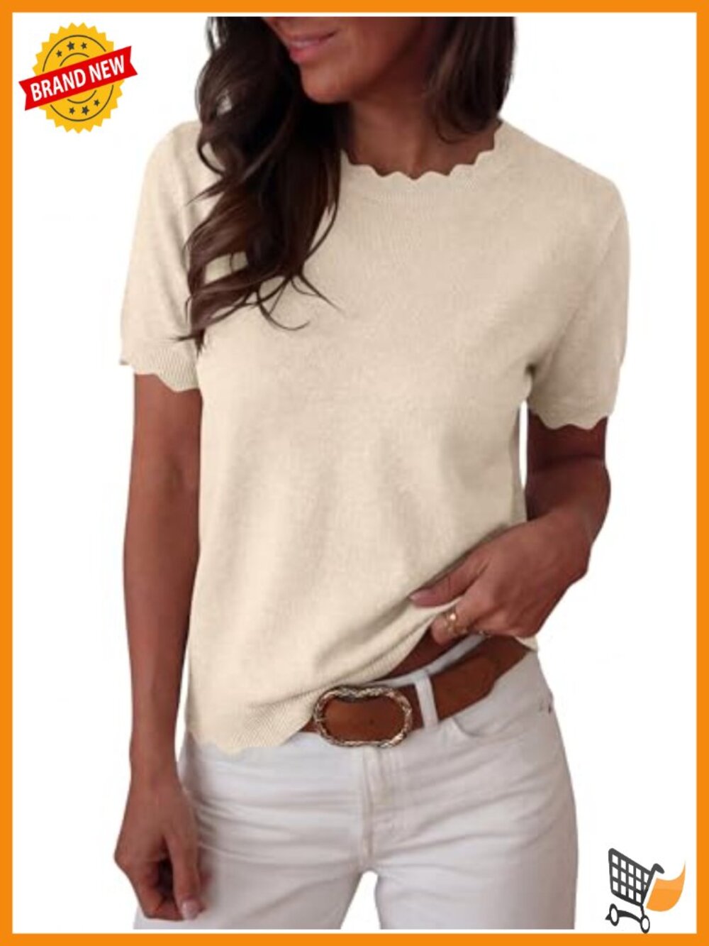 Wool Blend Short Sleeve Scalloped Sweater Loose Fit Casual Work Top